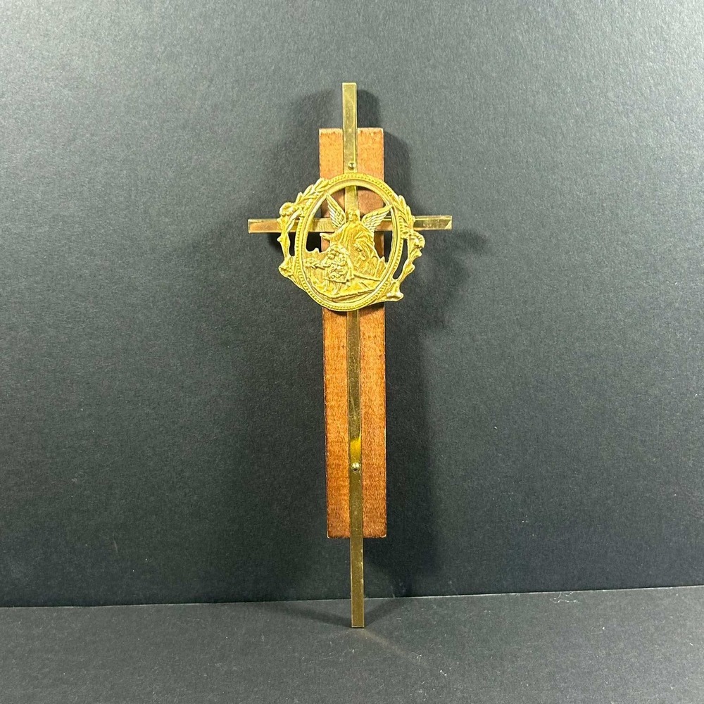 Wall Cross Gold Wood Brass Layered Medallion Crucifix Religious